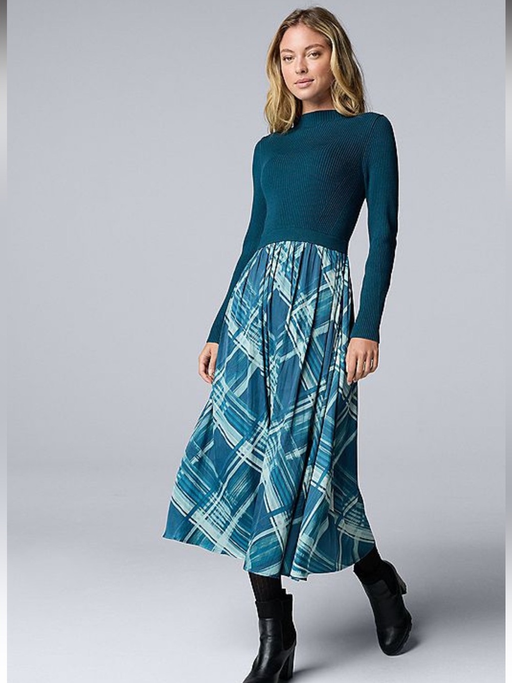 Simply Vera Wang Blue Sweater Plaid Midi Dress Size M